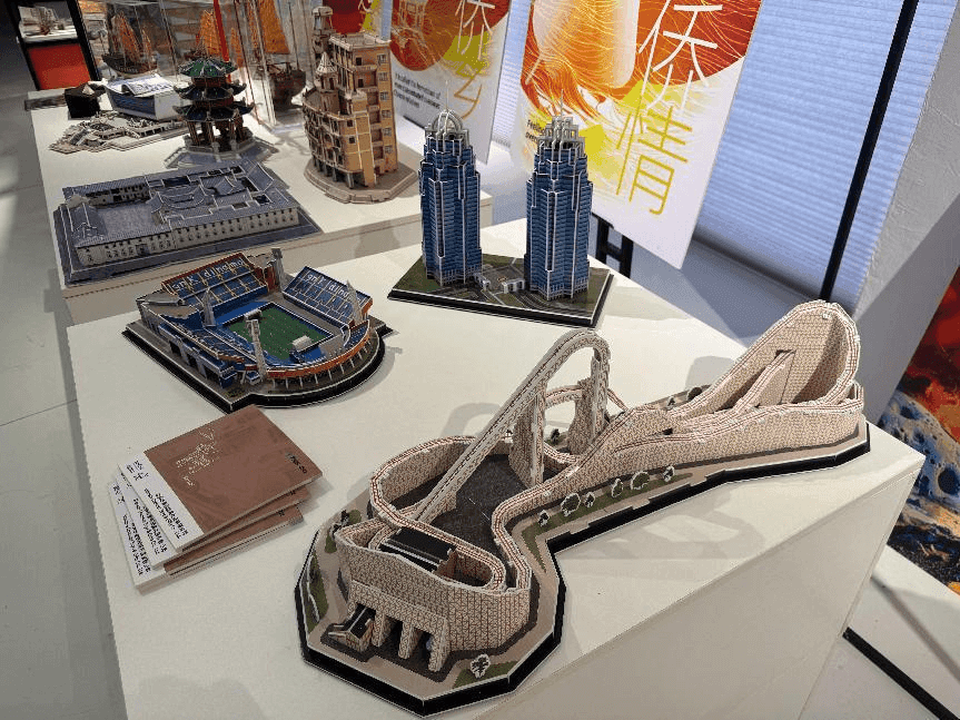 Architectural and stadium paper models displayed at the Shantou Industrial Design Center