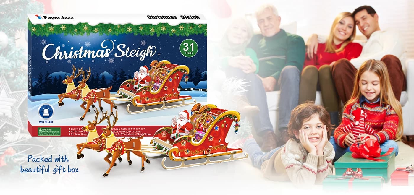 3D Christmas Sleigh Puzzle Gift Children DIY Creative Toys with LED Light ZC-C007 — original detail illustration