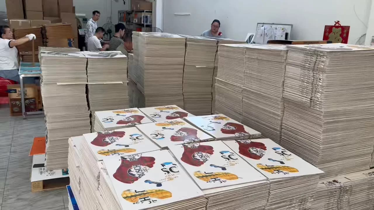 Printed packaging sheets on worktables in the Charmer factory