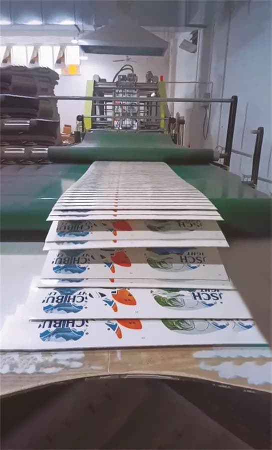 Printed sheets on processing equipment at the Charmer production site