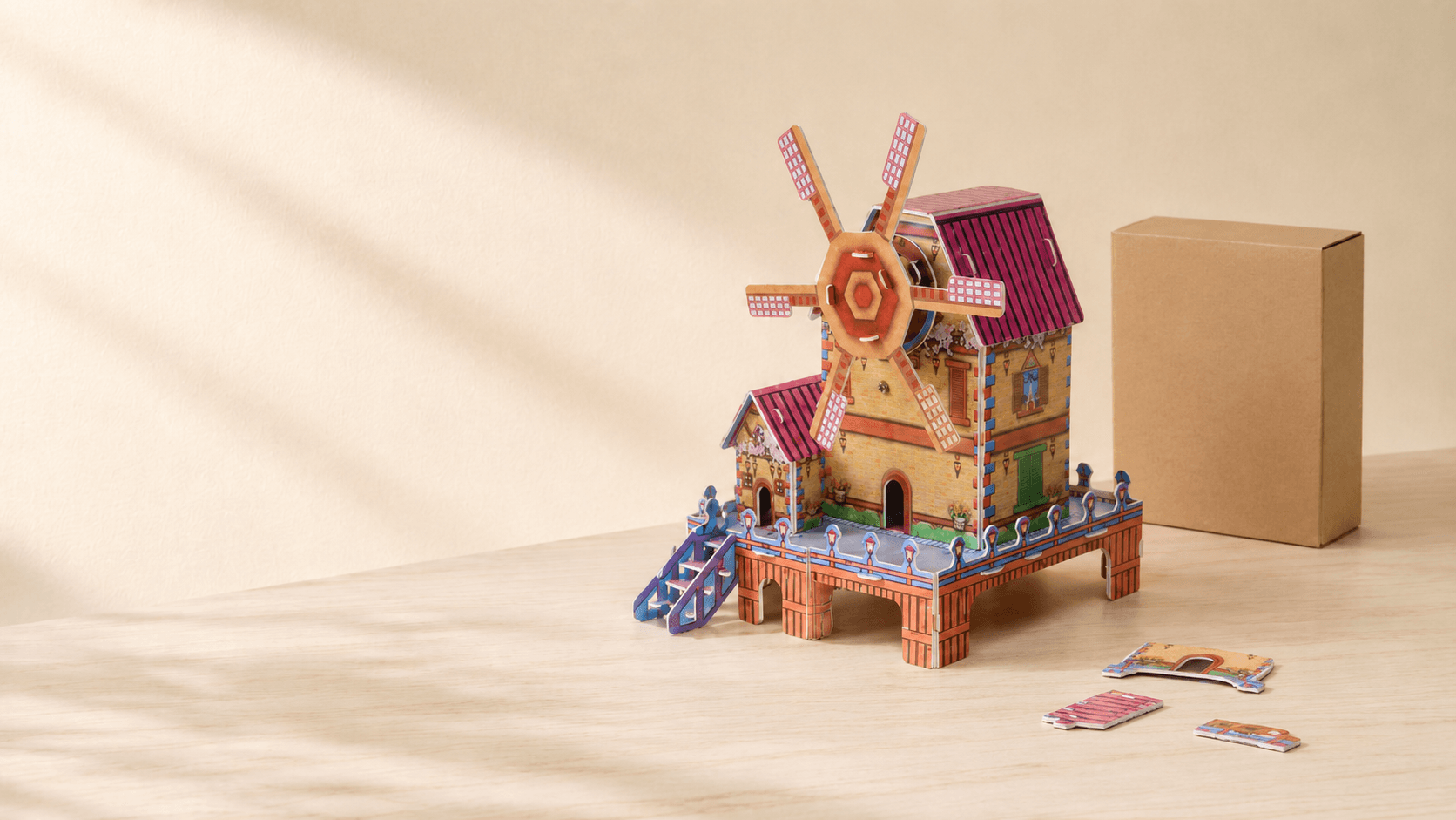 Colorful 3D paper windmill model with a kraft carton